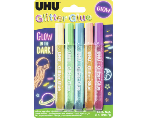 Trblietavé lepidlo UHU Glitter Glue Glow in Dark 5 x 10 ml Súprava Uhu Glitter Glue s piatimi tyčinkami trblietavého lepidla