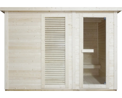 Sauna z dreva so sklenenými dverami