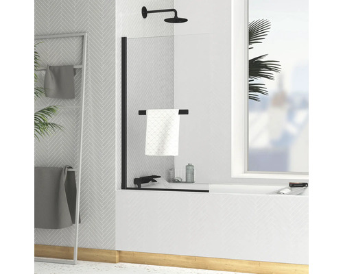 Vaňová zástena 1-dielna Aurlane Essential Black 70 cm x 120 cm dekor skla číre sklo barva profilu čierna FAC798 Kúpeľňa s vaňovou zástenou zo skla, držiakom na uteráky a sprchovou hlavicou