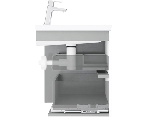 Skrinka pod umývadlo s umývadlom a otvoreným systémom zásuviek.