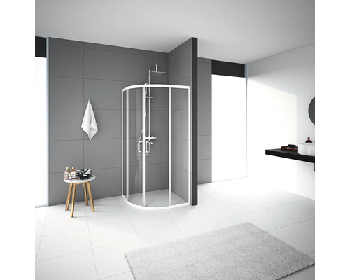 Štvrťkruhový sprchový kút Aurlane Factory White Round 90 cm farba rámu biela dekor skla číre sklo Moderná kúpeľňa s okrúhlym sprchovacím kútom, umývadlom a úložným priestorom