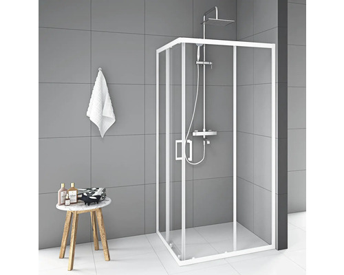 Sprchový kút s rohovým vstupom Aurlane Factory White Square 90 cm farba rámu biela dekor skla číre sklo Rohová sprcha so sprchovou batériou v modernej kúpeľni
