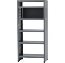 Sivý oceľový regál s piatimi policami na uskladnenie