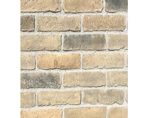 Obkladový pásek cihlový Castle Brick Cremona 316 Detail steny so svetlohnedými tehlami a sivými škárami.