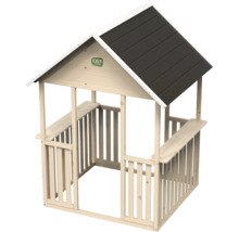 Drevený domček na hranie so strechou a vstavanými lavicami