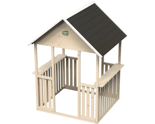 Drevený domček na hranie so strechou a vstavanými lavicami