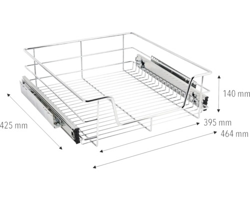 Výsuvný kôš s rozmermi 425 mm dĺžka, 395 mm šírka a 140 mm výška