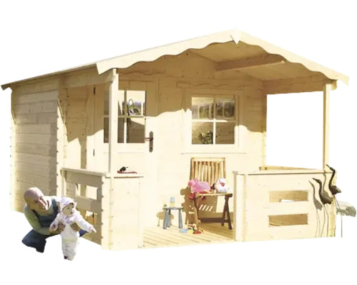 Drevený hrací domček s verandou, oknami a dverami a dvoma osobami