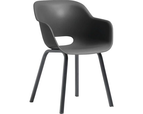 Čierna škrupinová stolička s podrúčkami a kovovým rámom