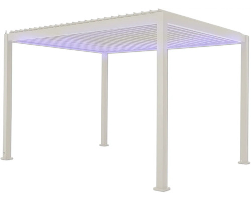 Voľne stojaca biela pergola s lamelovou strechou a LED osvetlením do záhrady