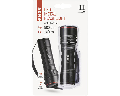 LED kovové svietidlo so zaostrovaním, 500 lúmenov, dosah 160 metrov, vyžaduje štyri batérie AAA, nárazuvzdorné a vodoodolné