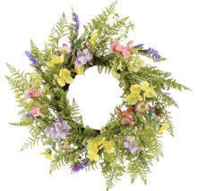 Dekoratívny kvetinový veniec s farebnými kvetmi a papraďovými listami