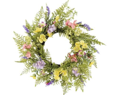 Veniec s kvetinami umelý Ø 55 cm Dekoratívny kvetinový veniec s farebnými kvetmi a papraďovými listami