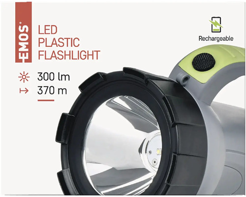 LED plastové svietidlo so svietivosťou 300 lúmenov a dosahom 370 metrov. Nabíjateľné.