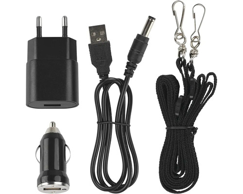 Sada nabíjačky s napájacím adaptérom, USB káblom, adaptérom do auta a popruhom