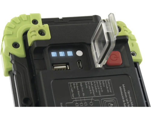 Detailný pohľad na pracovné svetlo s indikátorom batérie, USB portom a vypínačom.