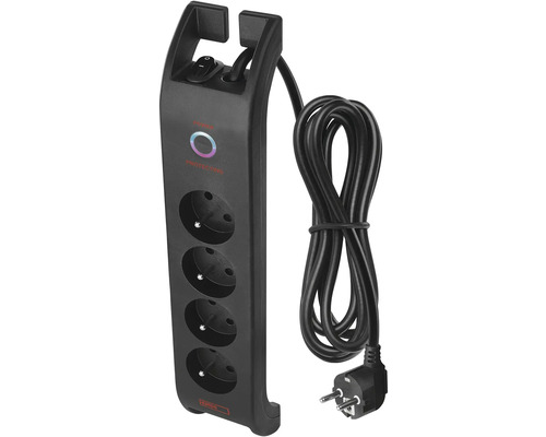 Čierna predlžovacia zásuvka so štyrmi zásuvkami, vypínačom a káblom