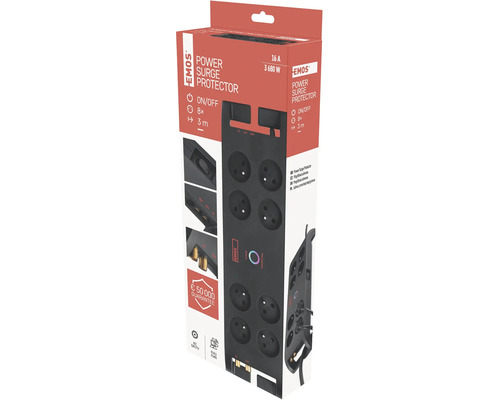 Predlžovací prívod Emos s prepäťovou ochranou, osem zásuviek a trojmetrový kábel