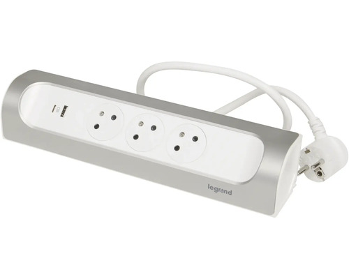 Predlžovací kábel s tromi zásuvkami a dvoma portami USB, logo Legrand