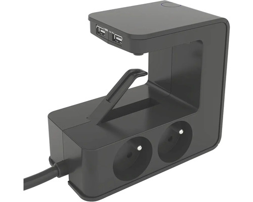 Čierna zásuvková lišta s USB portami a držiakom na mobilný telefón