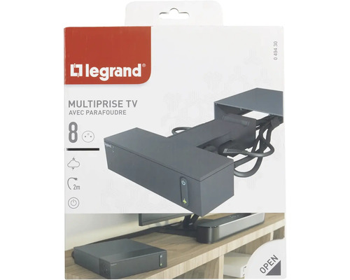 Logo Legrand. Televízny predlžovací kábel s ôsmimi zásuvkami a ochranou proti prepätiu.
