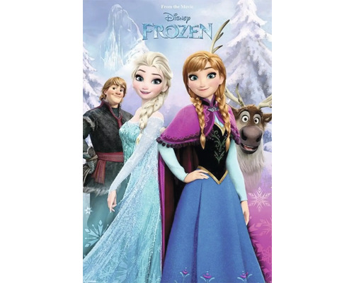 Filmový plagát Ľadové kráľovstvo s postavami Anna, Elsa, Kristoff a sob Sven