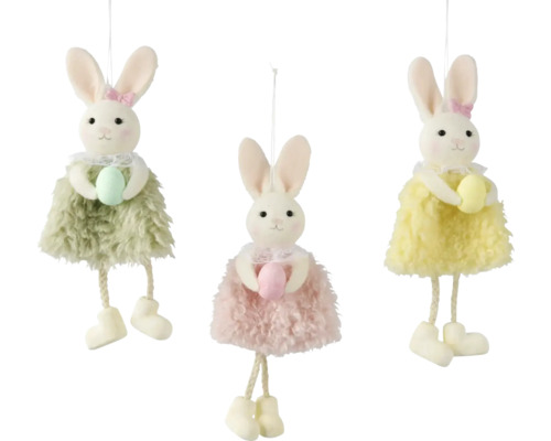 Zajac plyšový 19 cm, rôzne druhy Tri závesné figúrky veľkonočných zajačikov s vajíčkami ako dekorácia
