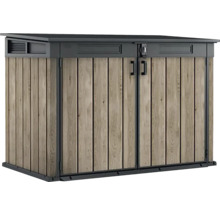 Záhradná skriňa s dreveným efektom a dvojkrídlovými dverami na uloženie záhradného náradia
