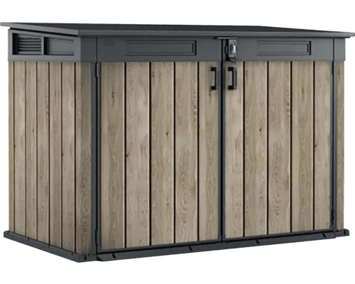 Záhradná skriňa s dreveným efektom a dvojkrídlovými dverami na uloženie záhradného náradia