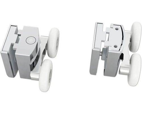 Dva sprchové dverové pojazdy z kovu a plastu