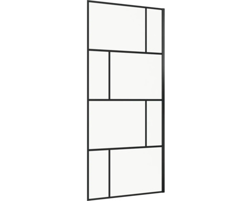 Sprchová stena s čiernym rámom a obdĺžnikovými sklenenými tabuľami