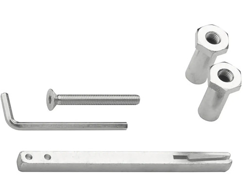 Upevňovací materiál pozostávajúci zo skrutky, imbusového kľúča, montážneho nástroja a dvoch korunových matíc