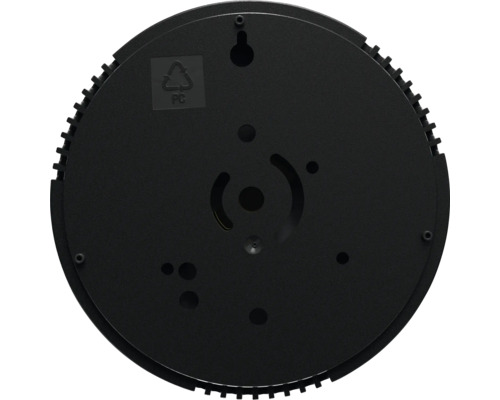 Okrúhle čierne LED svetlo zospodu so symbolom recyklácie PC a montážnymi otvormi.