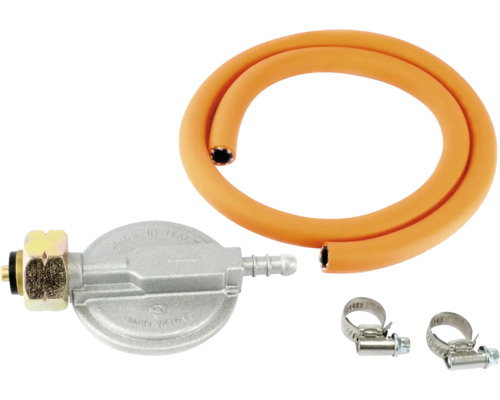 Regulátor tlaku plynu s plynovou hadicou a hadicovými sponami