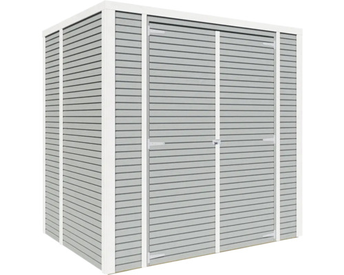 Kovový záhradný domček s dvojkrídlovými dverami a vodorovným obkladom.