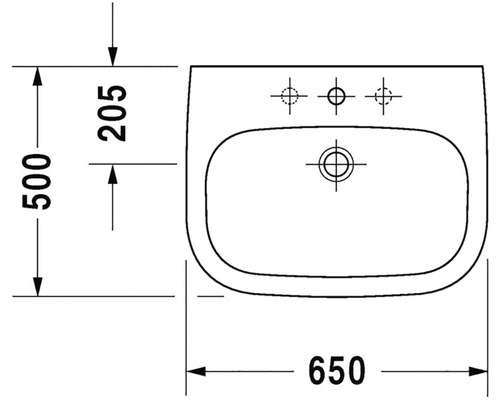 Technický nákres umývadla s rozmermi 650 x 500 mm