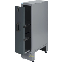 Sivá skrinka na náradie s otvorenými dverami a zásuvkami