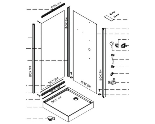 Rozkreslený nákres sprchovacieho kúta so sprchovacou vaničkou a armatúrami.