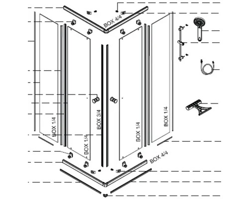Rozkreslený nákres sprchovacieho kúta zobrazujúci jeho časti a montáž