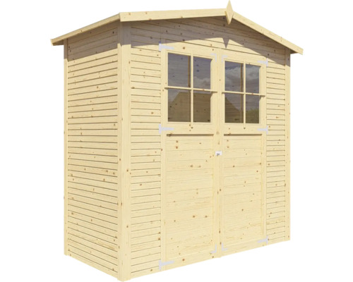 Záhradná drevená búda s dvojkrídlovými dverami a oknami