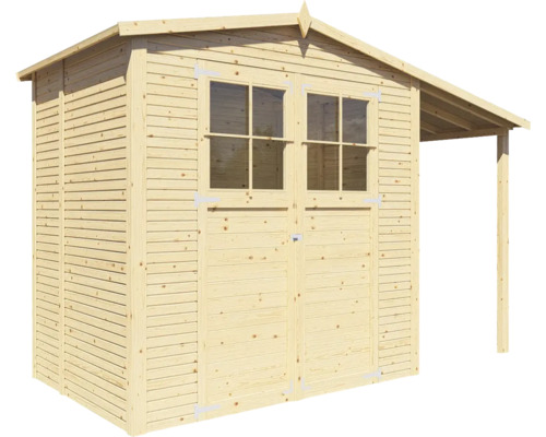 Záhradný domček z dreva s dvojkrídlovými dverami a markízou