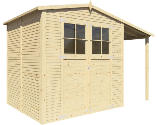 Drevený záhradný domček s oknami a verandou