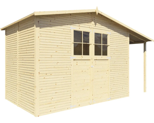 Drevený záhradný domček s dvojkrídlovými dverami a oknami