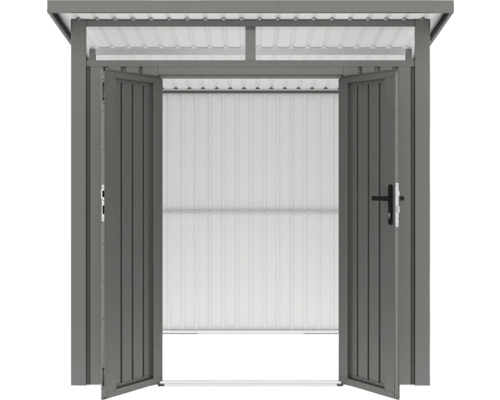 Kovová kôlňa na náradie s otvorenými dvojkrídlovými dverami