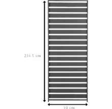 Nepriehľadný plotový prvok s rozmermi 236,5 cm na výšku a 93 cm na šírku.