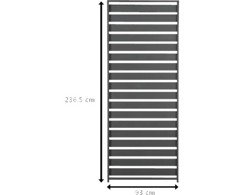 Nepriehľadný plotový prvok s rozmermi 236,5 cm na výšku a 93 cm na šírku.