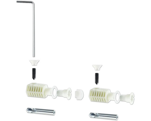 Rozložený pohľad upevňovacej súpravy s hmoždinkou, skrutkou, tesniacim krúžkom, vrtákom a imbusovým kľúčom