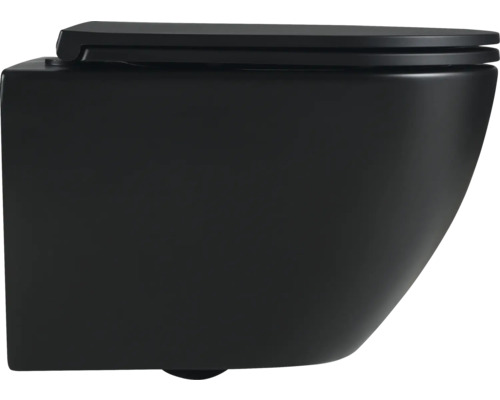 Čierna závesná toaleta s hlbokým splachovaním a uzavretým splachovacím kruhom