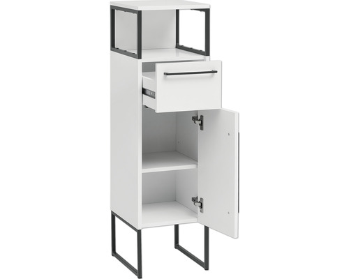 Biela kúpeľňová skrinka s otvorenou zásuvkou a dvierkami