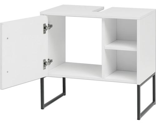 Skrinka pod umývadlo s otvorenými dvierkami a úložnými priehradkami